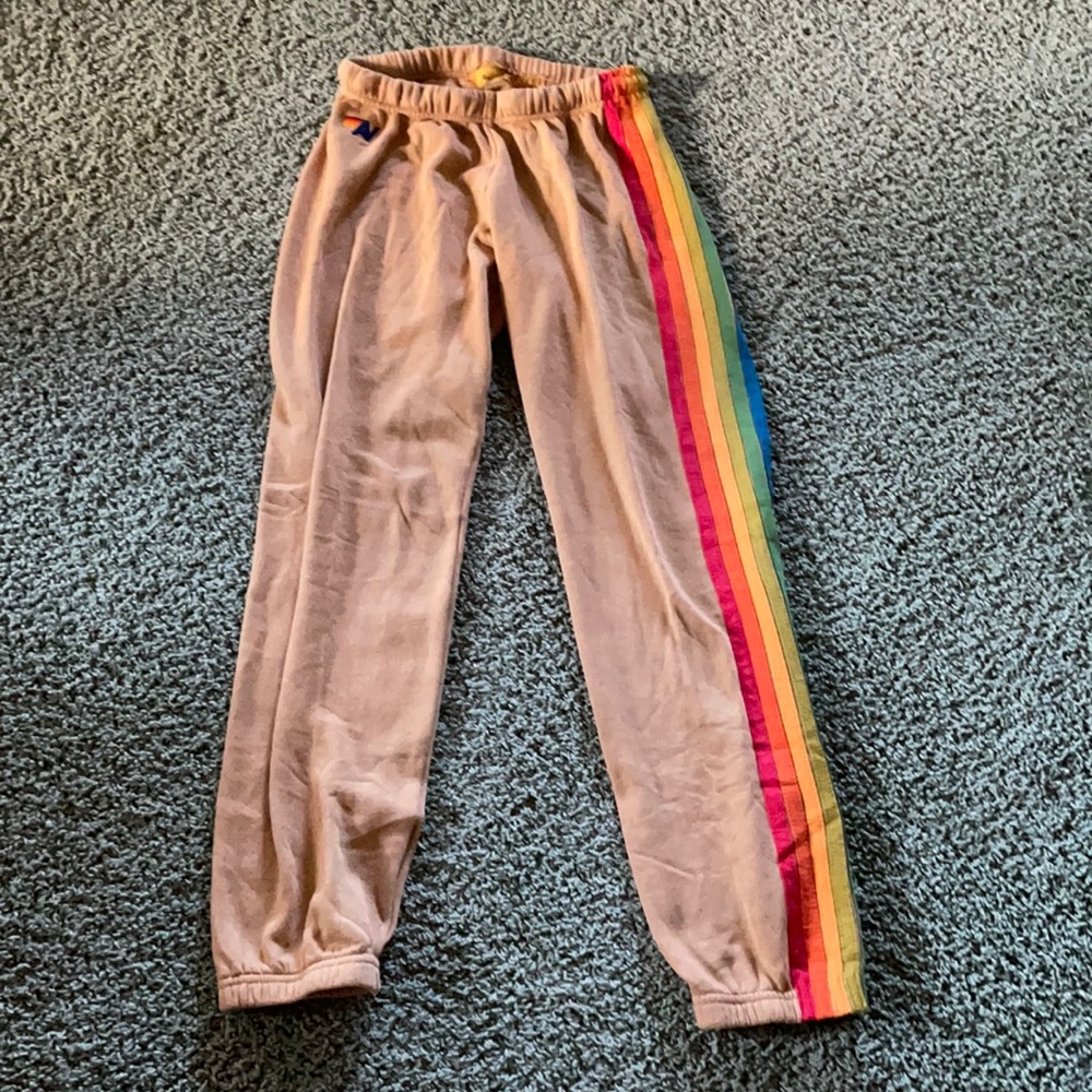 Aviator Nation Sweatpants Khaki Rainbow Stripe